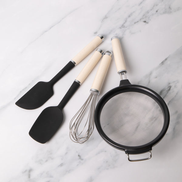 4pc Almond Cream Cooking Utensil Set with Wire Whisk, Strainer, Spoon Spatula & Scraper Spatula image 2