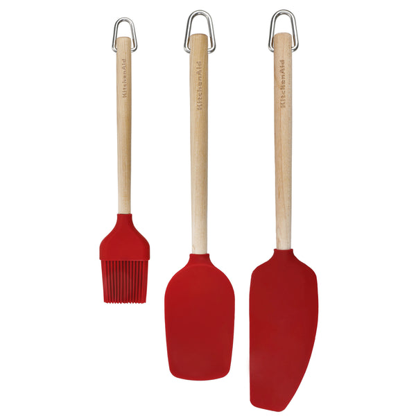 7pc Kitchen Set with 3x Birchwood & Silicone Spatulas and 4x Nesting Meal Prep Bowls, Red image 3
