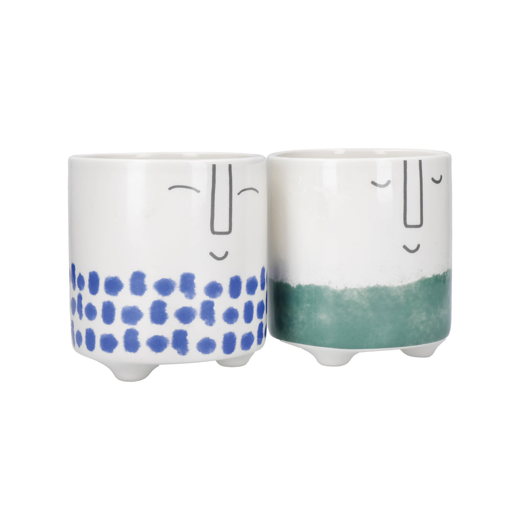 KitchenCraft Face Planters, Set of 2, Dolomite, White / Blue & White / Green Ombré
