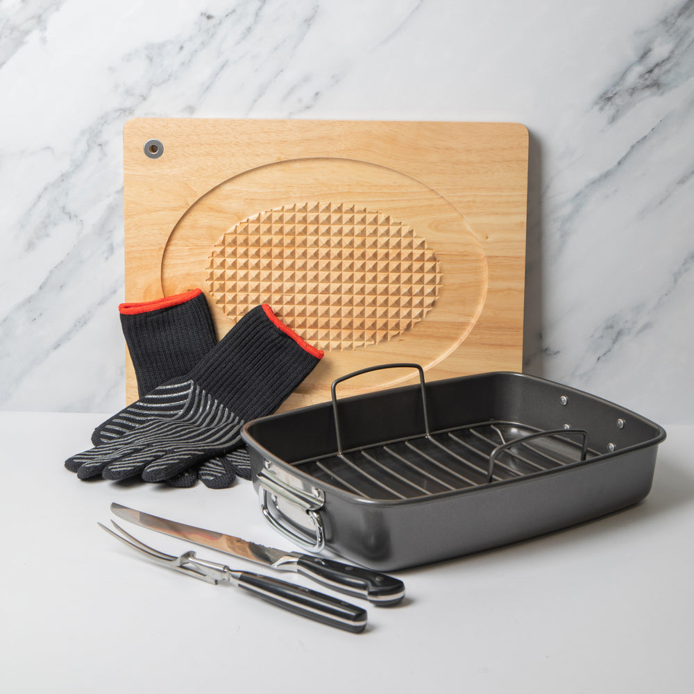 5pc Roasting Set with Roasting Tin & Rack, Carving Fork & Carving Knife, Wooden Carving Board and Safety Oven Gloves