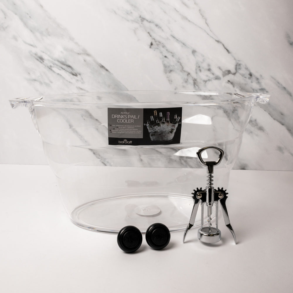 3pc Bar Accessories Set including Large Drinks Cooler, Chrome Wing Corkscrew and 2x Bottle Stoppers