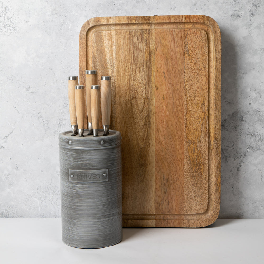 6pc Chopping Bundle with 5pc Knife Set & Metal Storage Block and Rectangular Mango Wood Butchers Block
