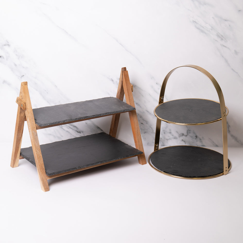 2pc Serveware Set with 2-Tier Slate & Wood Serving Stand and 2-Tier Brass Cake Stand with Round Slate Serving Platters