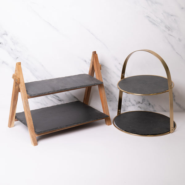 2pc Serveware Set with 2-Tier Slate & Wood Serving Stand and 2-Tier Brass Cake Stand with Round Slate Serving Platters image 2