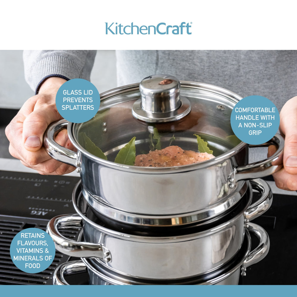 KitchenCraft Stainless Steel Three Tier Steamer, 18cm