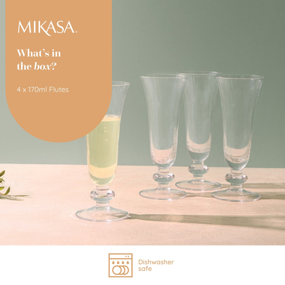 Mikasa Salerno Crystal Champagne Flute Glasses, Set of 4, 170ml
