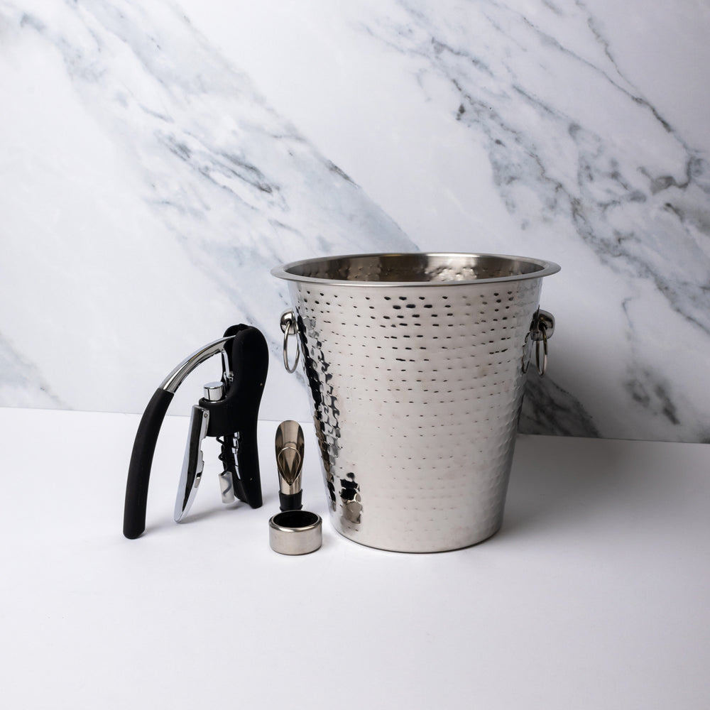4pc Wine Accessories Set including Stainless Steel Hammered Wine Bucket, Corkscrew, Pourer and Drip Collar