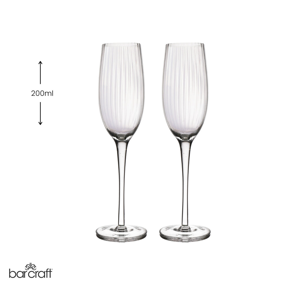 BarCraft Set of 2 Handmade Ribbed Champagne Flutes in Gift Box