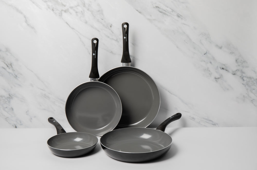 4pc Can-to-Pan Recycled Aluminium & Ceramic Frying Pan Set with 4x Non-Stick Frying Pans Sized 20cm, 24cm, 28cm and 30cm