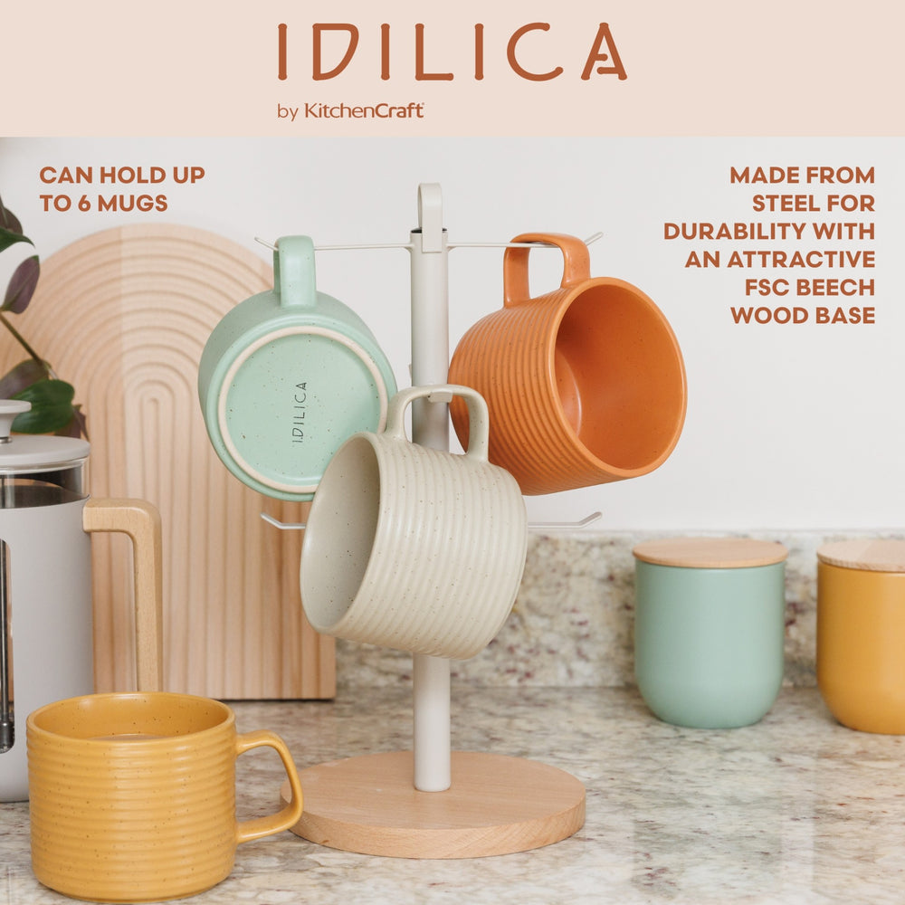 KitchenCraft Idilica Metal Mug Tree with Beechwood Base, 33cm