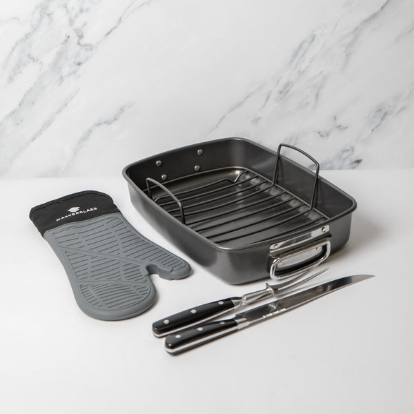 4pc Roasting Set with Non-Stick Roasting Tin & Rack, Carving Fork & Carving Knife and Waterproof Silicone Single Oven Glove image 2