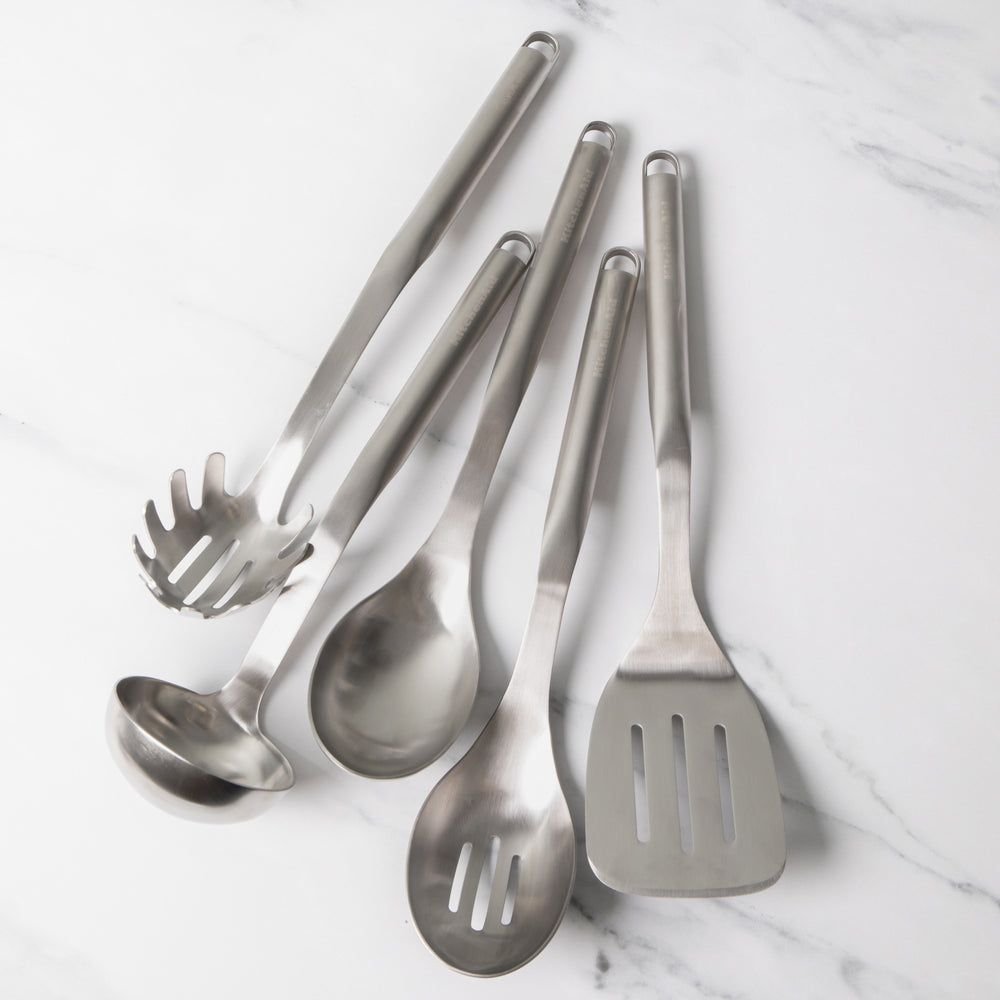 5pc Premium Stainless Steel Utensil Set with Slotted Spoon, Slotted Turner, Cooking Spoon, Ladle and Pasta Server