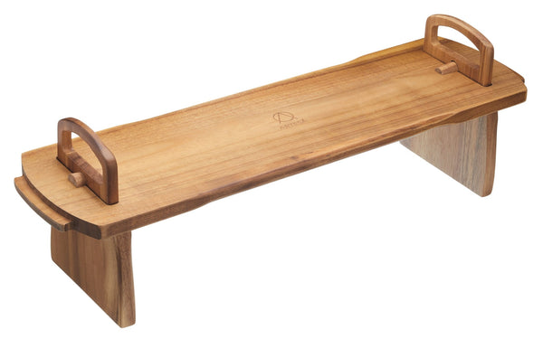 14pc Acacia Wood Serving Set with 2x Platform Serving Platters, Serving Stand with 6x Porcelain Bowls, Cheese Board & 4 Knives image 3