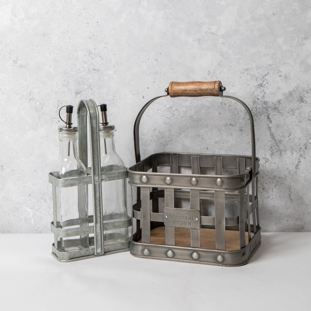 2pc Kitchenware Set with Glass & Oil Vinegar Cruet Set of Two and Galvanised Steel Condiment Holder
