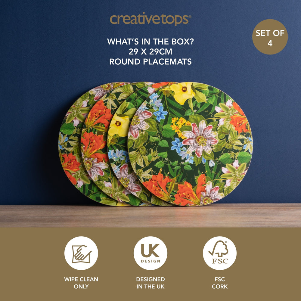 Creative Tops Tropical Floral Set Of 4 Round Placemats, 29 x 29CM