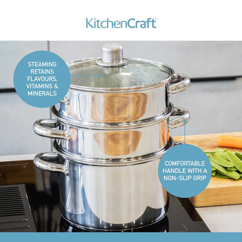 KitchenCraft Stainless Steel Three Tier Steamer, 22cm
