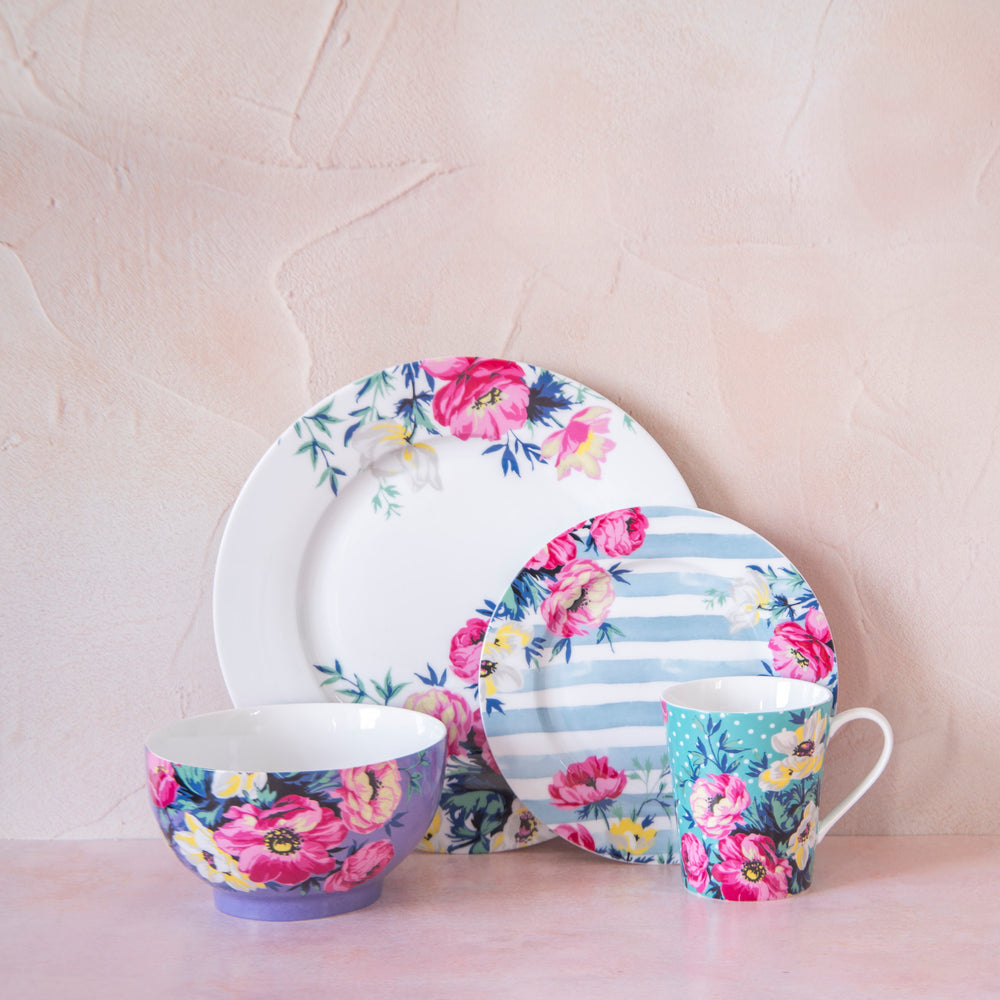 16pc Floral Porcelain Dining Set with 4x 26cm Dinner Plates, 4x 19cm Side Plates, 4x 19cm Bowls and 4x 330ml Mugs - Clovelly