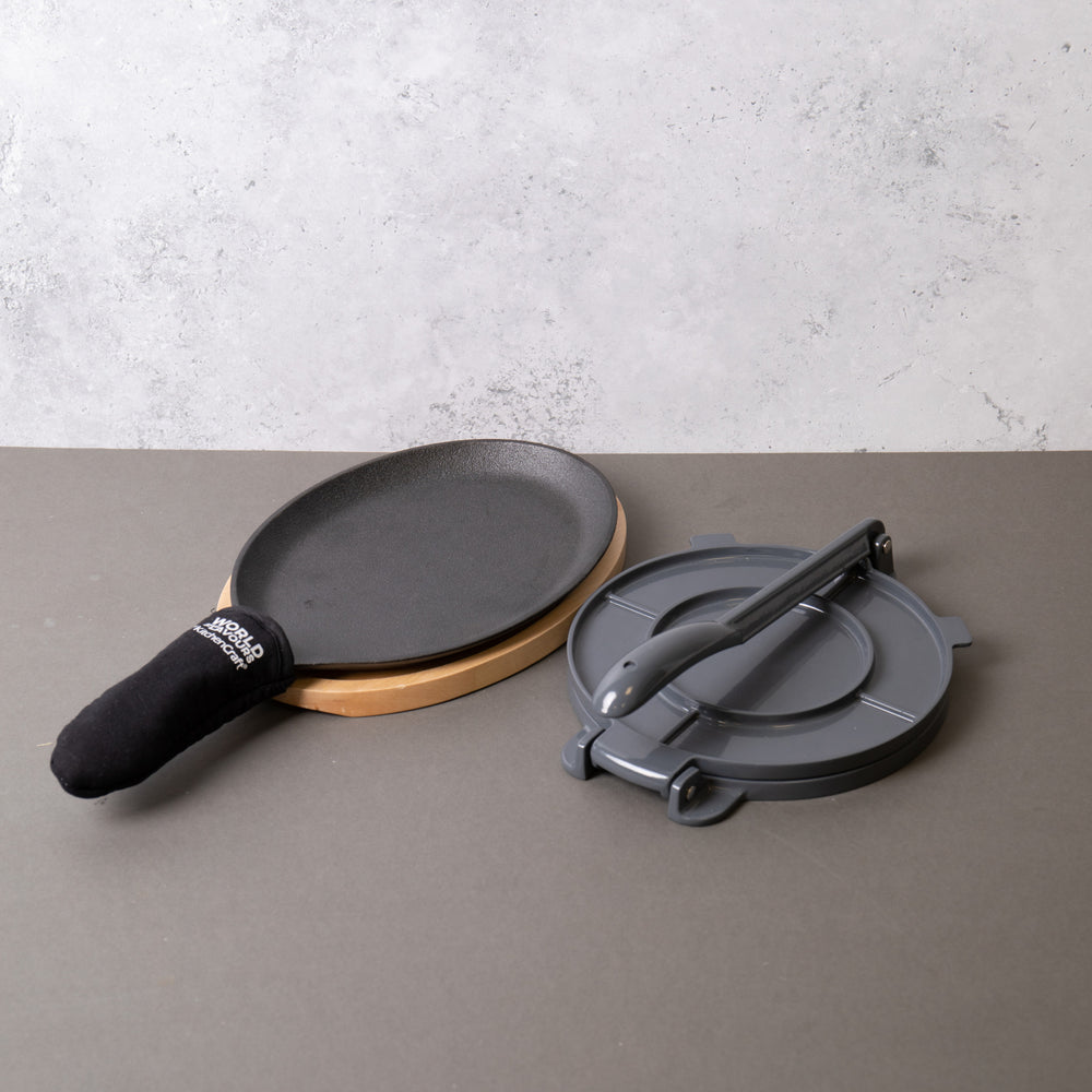2pc Mexican Cooking Set with Tortilla Press and Cast Iron Fajita Sizzler