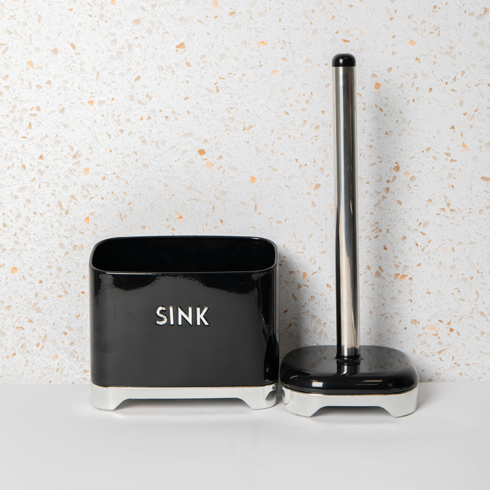 2pc Midnight Black Storage Set including 17.5cm Kitchen Towel Holder and Sink Tidy