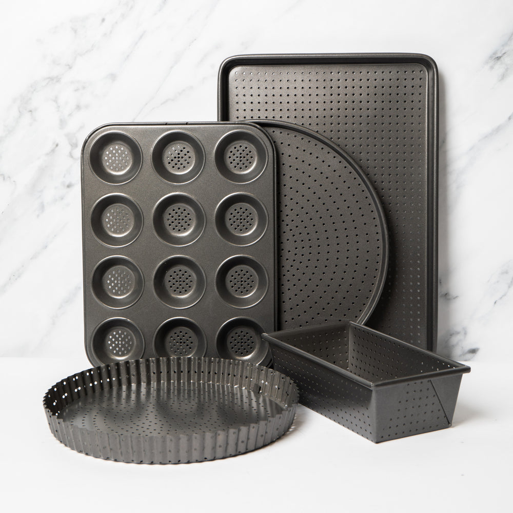 5pc Crusty Bake Non-Stick Bakeware Set with Quiche Tin, Pizza Crisper, 2lb Loaf Pan, Baking Tray and 12-Hole Pan