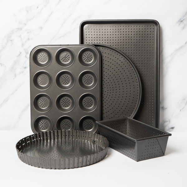 5pc Crusty Bake Non-Stick Bakeware Set with Quiche Tin, Pizza Crisper, 2lb Loaf Pan, Baking Tray and 12-Hole Pan image 2