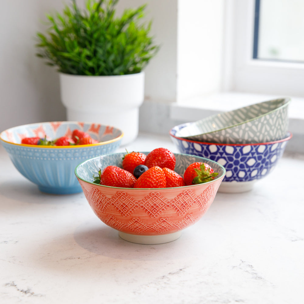 Set of 4 KitchenCraft Leaf Print and Terracotta Look Ceramic Bowls