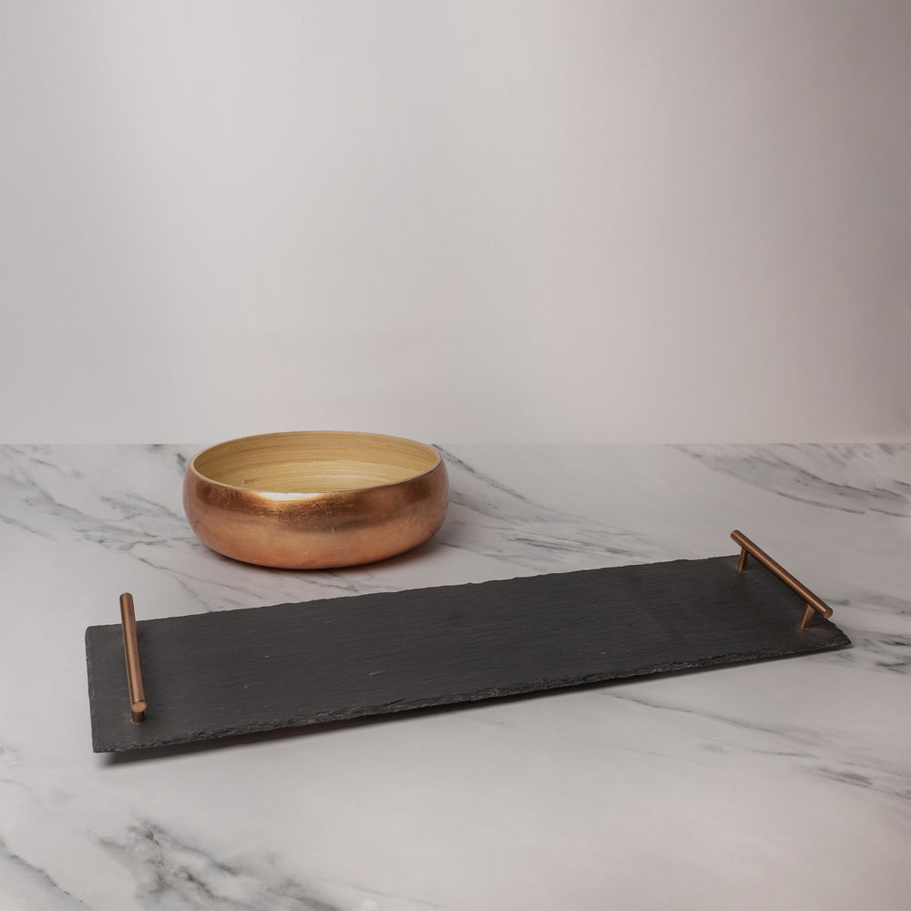 2pc Serveware Set with Bamboo Serving Bowl and Serving Platter with Copper Handles for Dining
