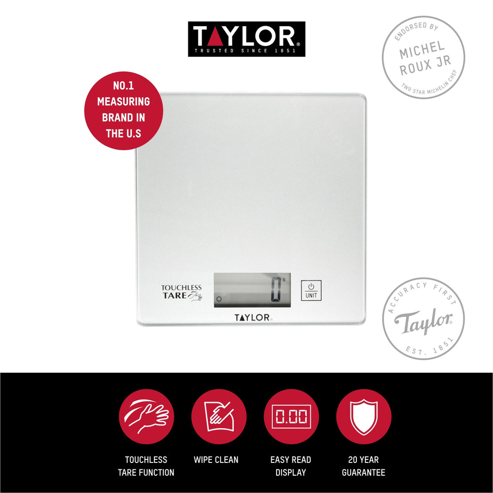 Taylor Pro Compact Digital Kitchen Scales with Touchless Tare in Gift Box, Glass / Plastic - Silver