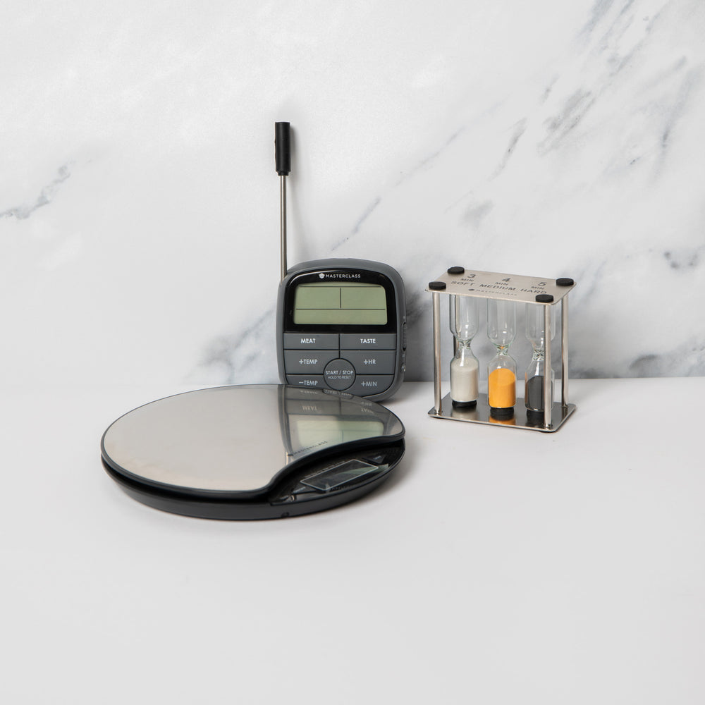 3pc Measuring Set with 'Dry & Liquid' Electronic Scales, Meat Thermometer and 2-in-1 Timer & Thermometer