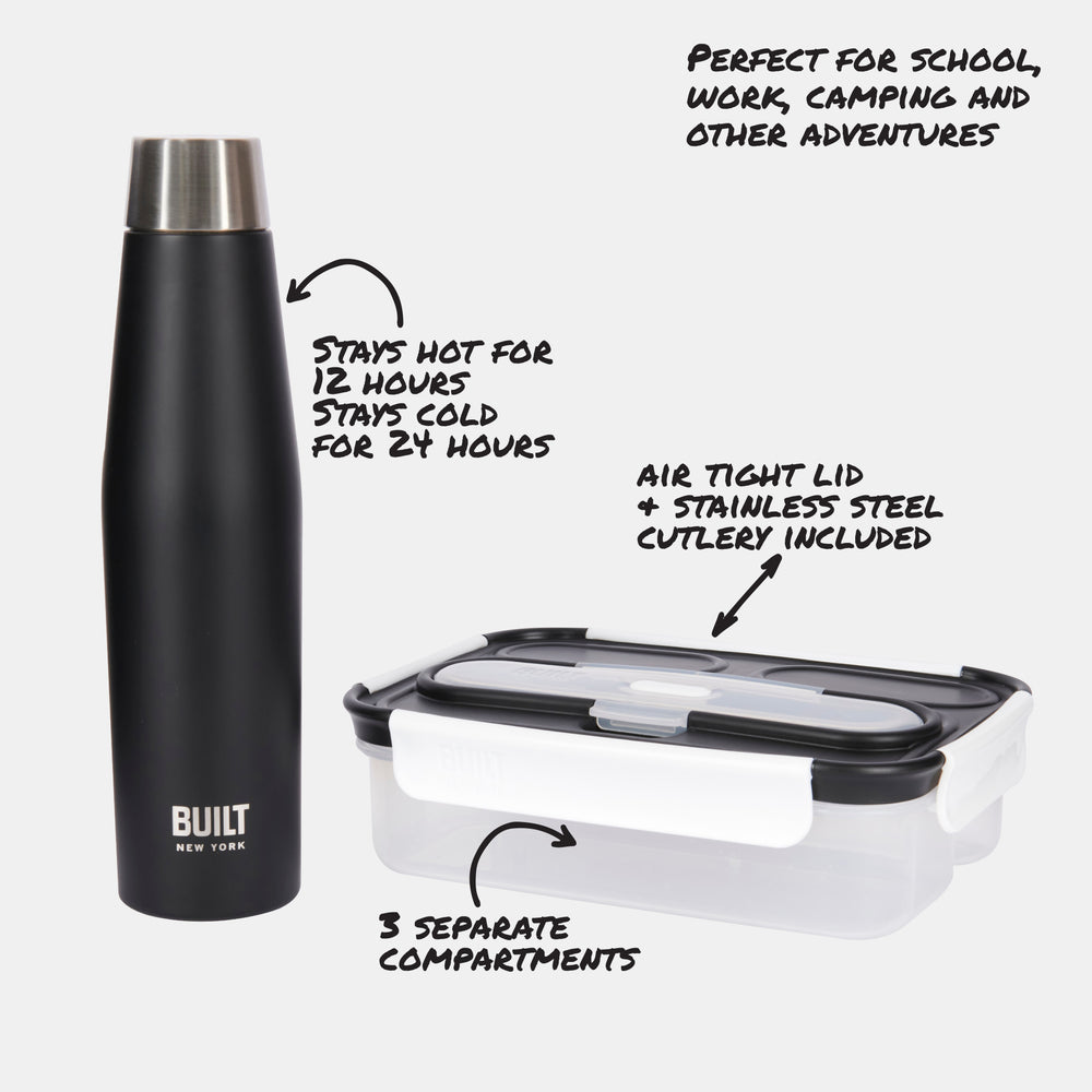 BUILT Bento Lunch Box & Apex Insulated Water Bottle Set, Black