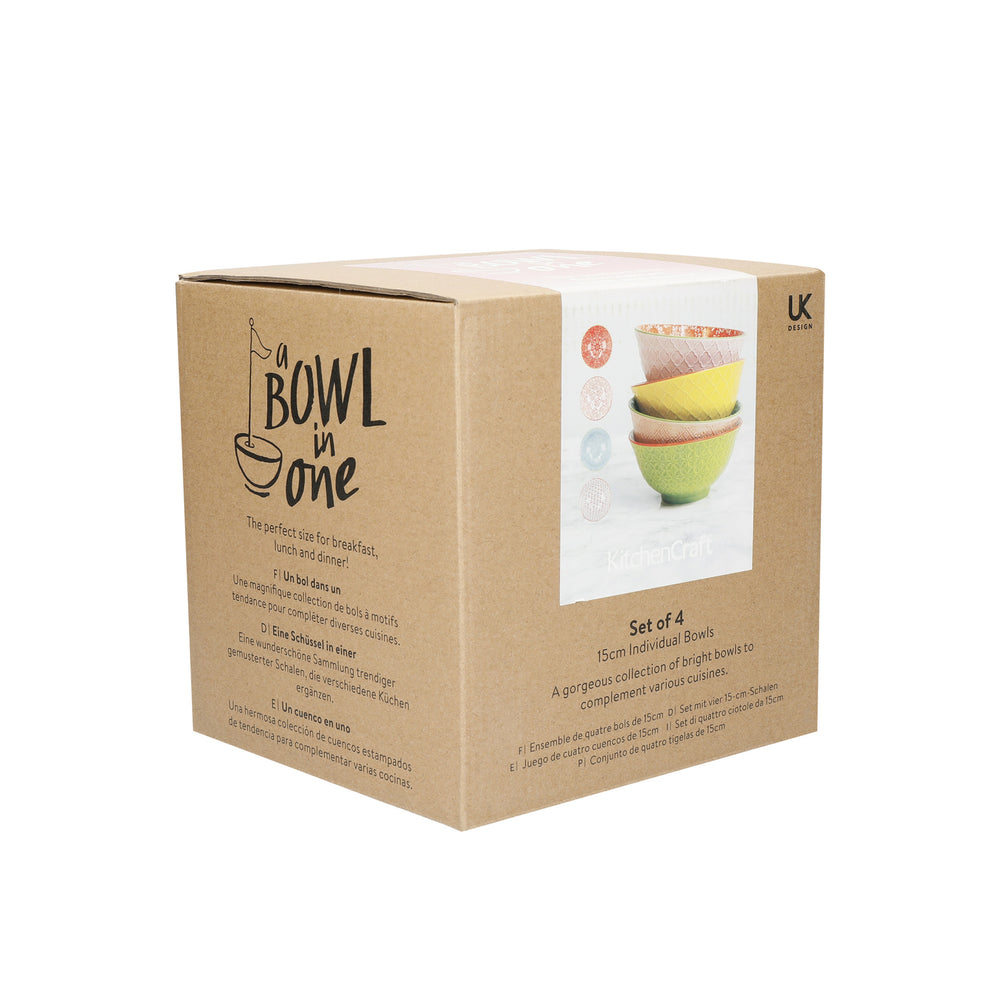 KitchenCraft Patterned Cereal Bowl Set in Gift Box, Ceramic, 'Brights' Designs, 15cm, 4 Pieces image 1