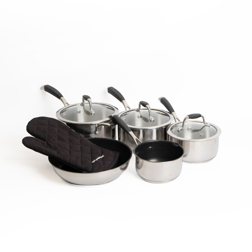 6pc Deluxe Cookware Set with 3x Saucepans with Glass Lids, x 1x Sauté Pan, 1x Milk Pan and 1x Quilted Single Oven Glove image 1