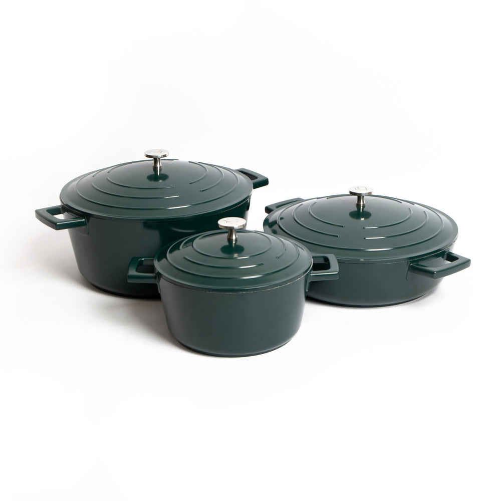 3pc Cookware Set with Hunter Green Non-Stick Cast Aluminium Casserole Dishes, 20cm/2.5L, 28cm/4L & 28cm/5L image 1