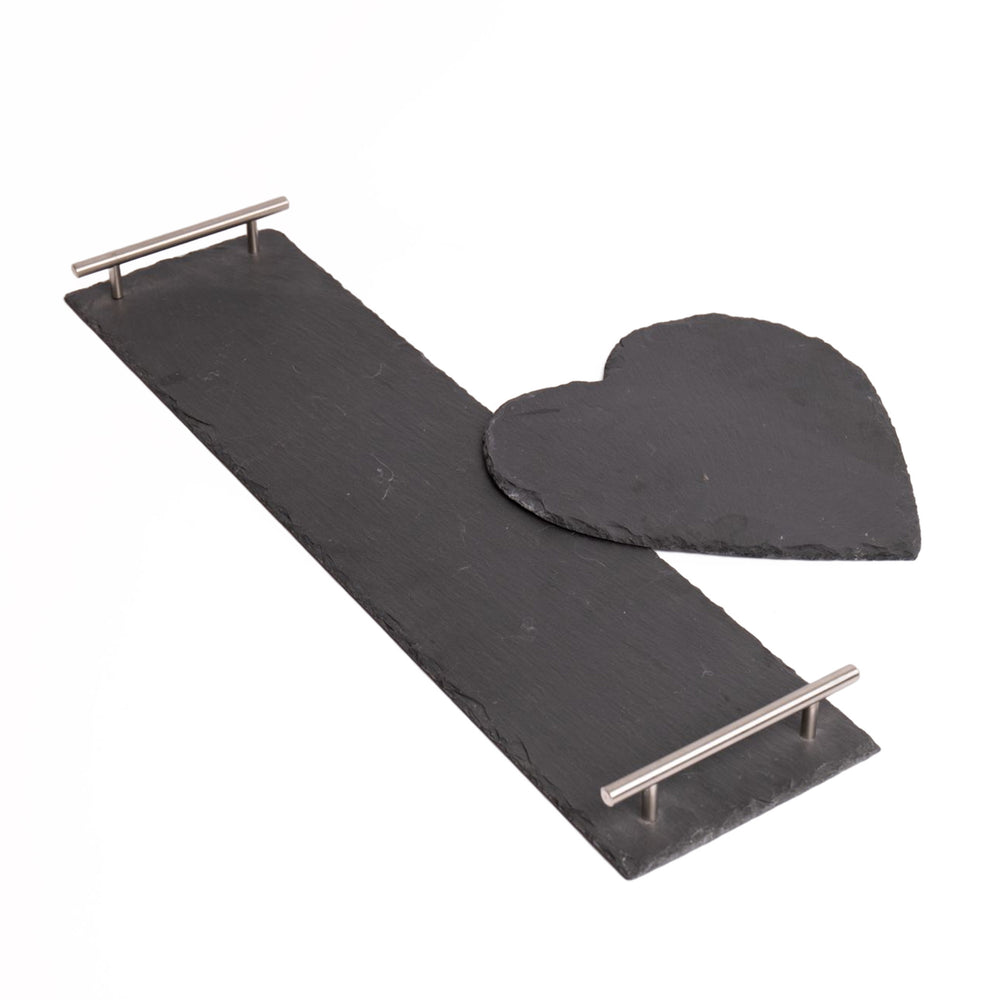 2pc Slate Serving Platter Set with Rectangular Platter with Handles and Heart Shaped Platter image 1