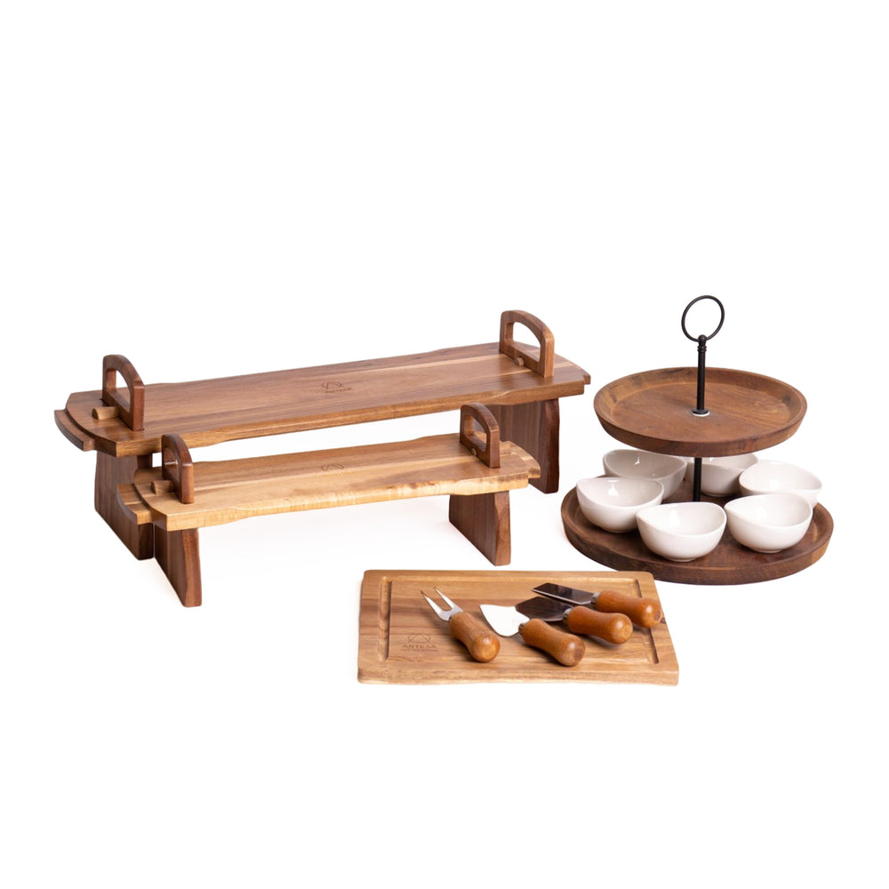14pc Acacia Wood Serving Set with 2x Platform Serving Platters, Serving Stand with 6x Porcelain Bowls, Cheese Board & 4 Knives image 1