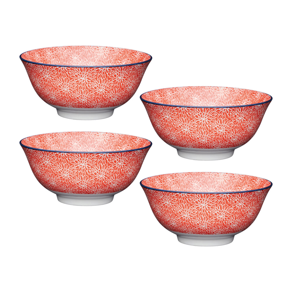 Set of 4 KitchenCraft Red Floral and Blue Edge Ceramic Bowls image 1