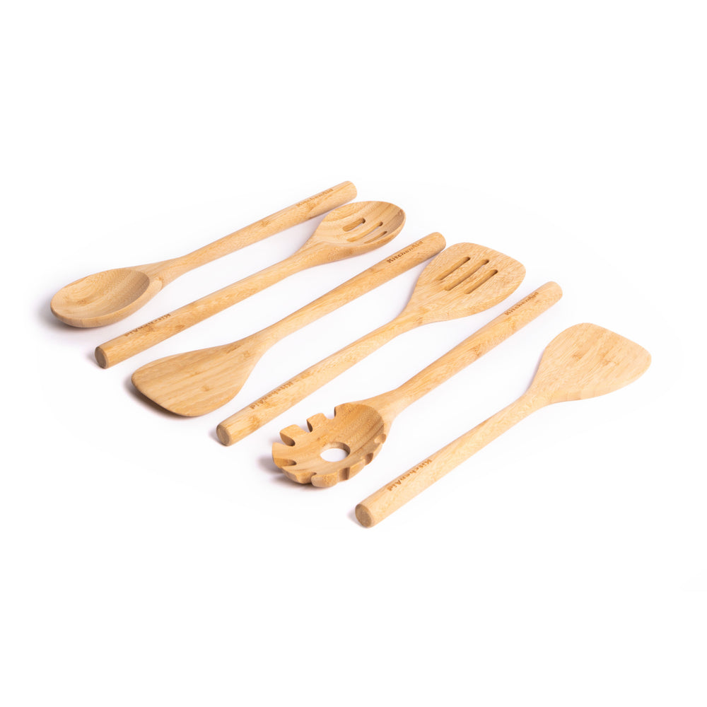 6pc Eco-Friendly Bamboo Utensil Set with Basting Spoon, Slotted Spoon, Turner, Slotted Turner, Short Turner & Pasta Server image 1