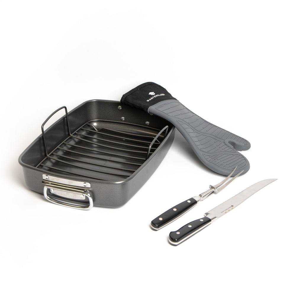 4pc Roasting Set with Non-Stick Roasting Tin & Rack, Carving Fork & Carving Knife and Waterproof Silicone Single Oven Glove image 1