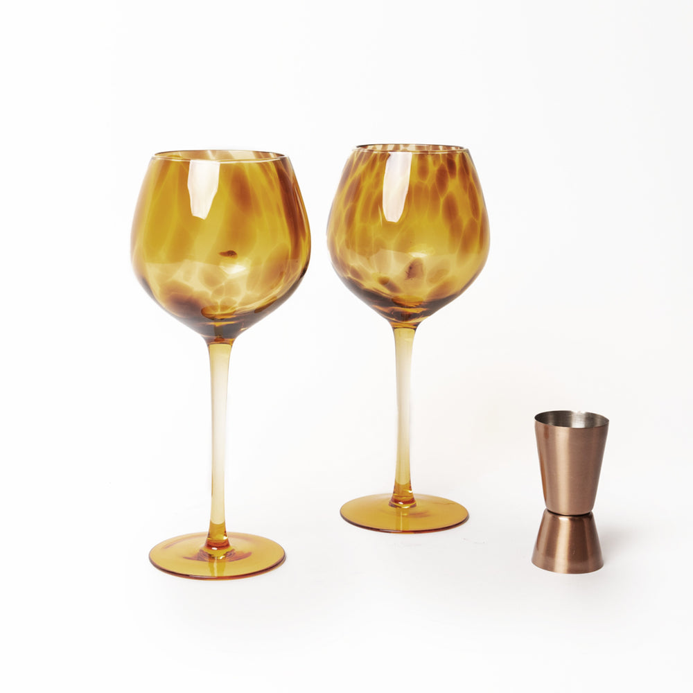 3pc Bar Accessories Set including Tortoiseshell Patterned Gin Glasses and Copper Finish Stainless Steel Jigger image 1