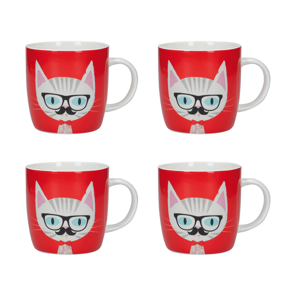 Set of 4 KitchenCraft China 425ml Cat Specs Barrel Shaped Mugs image 1