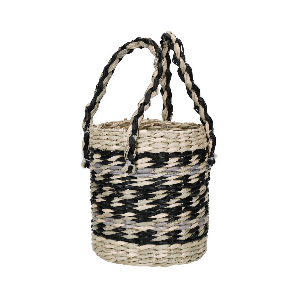 KitchenCraft Seagrass Plant Basket with Handles, Black & Grey Striped Design image 1