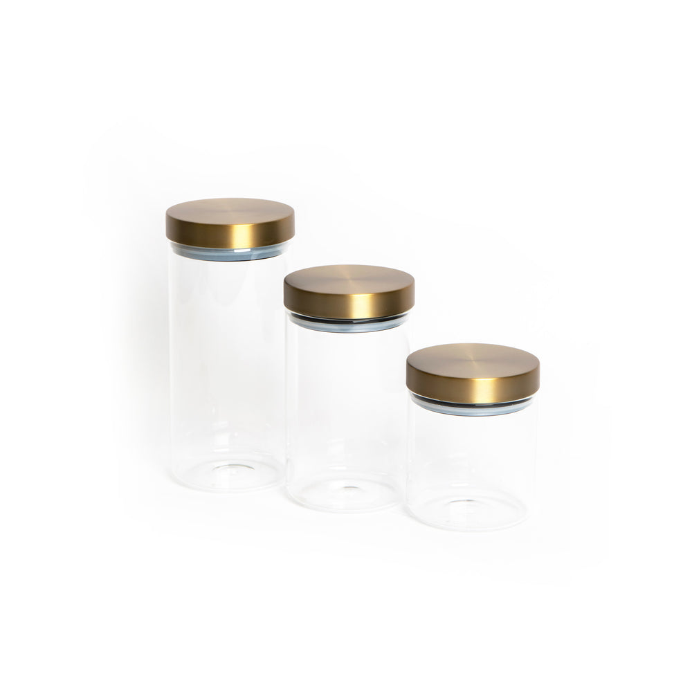 3pc Glass Storage Jar Set with Burnished Brass Lids, includes Small, Medium and Large Storage Jars image 1