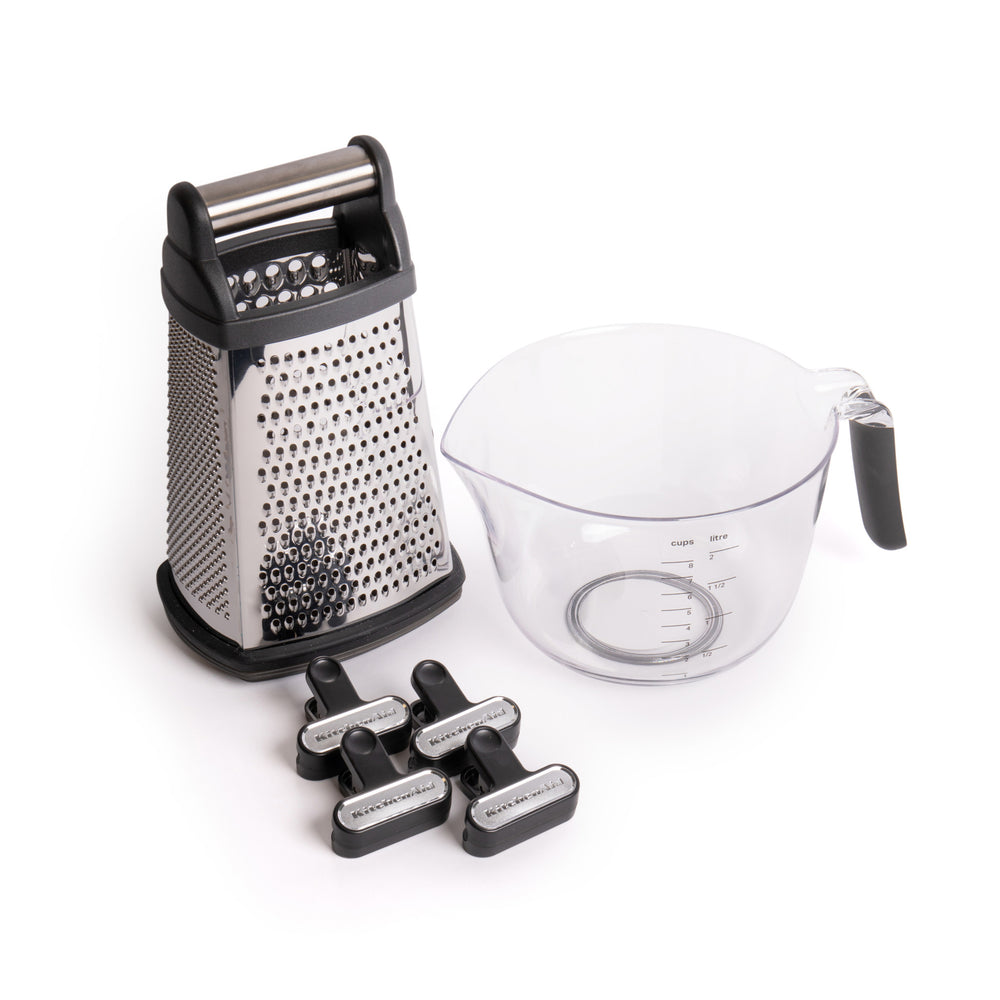 6pc Kitchen Tool Set with Stainless Steel Universal Box Grater, Clear Measuring Jug with Handle & 4x Onyx Black Bag Clips image 1