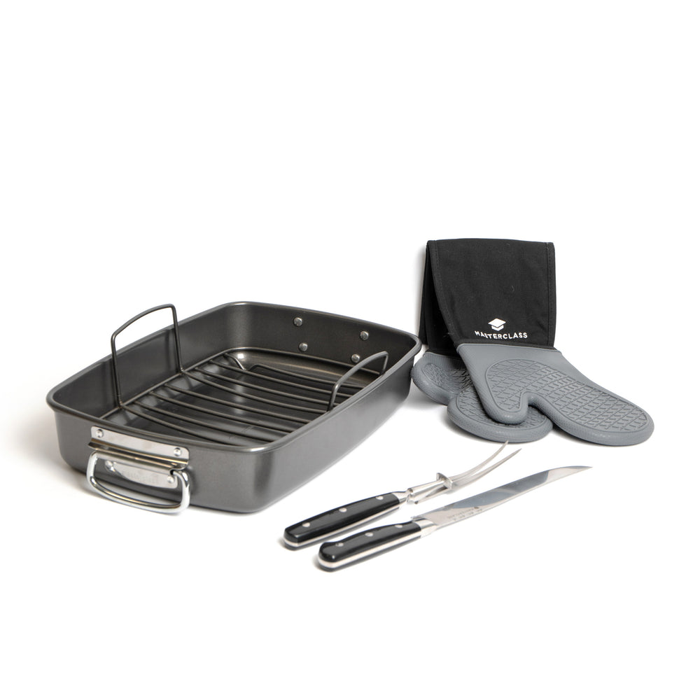 4pc Roasting Set with Non-Stick Roasting Tin & Rack, Carving Fork & Carving Knife and Silicone Double Oven Gloves with Thumbs image 1