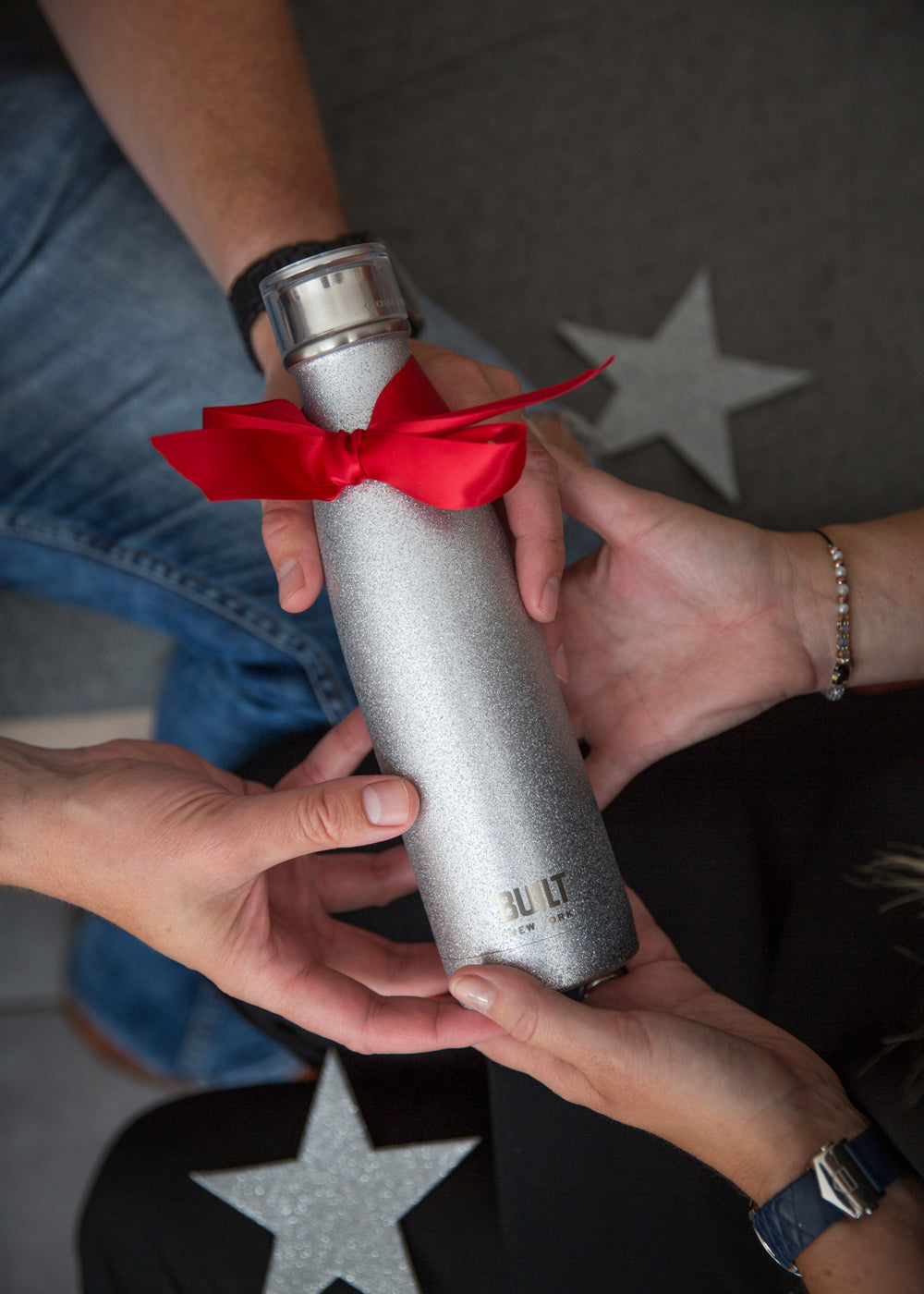 BUILT 500ml Double Walled Stainless Steel Water Bottle Silver Glitter