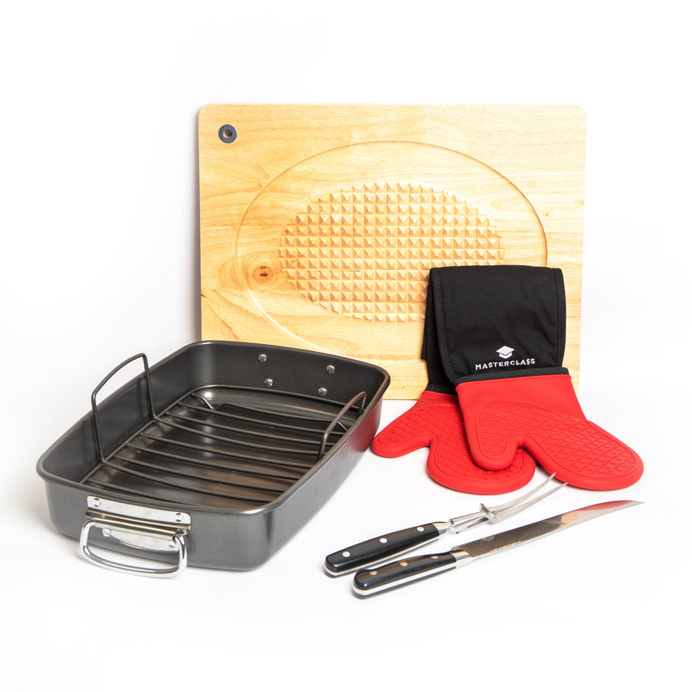 5pc Roasting Set with Roasting Tin & Rack, Carving Fork & Carving Knife, Wooden Carving Board and Silicone Double Oven Glove image 1