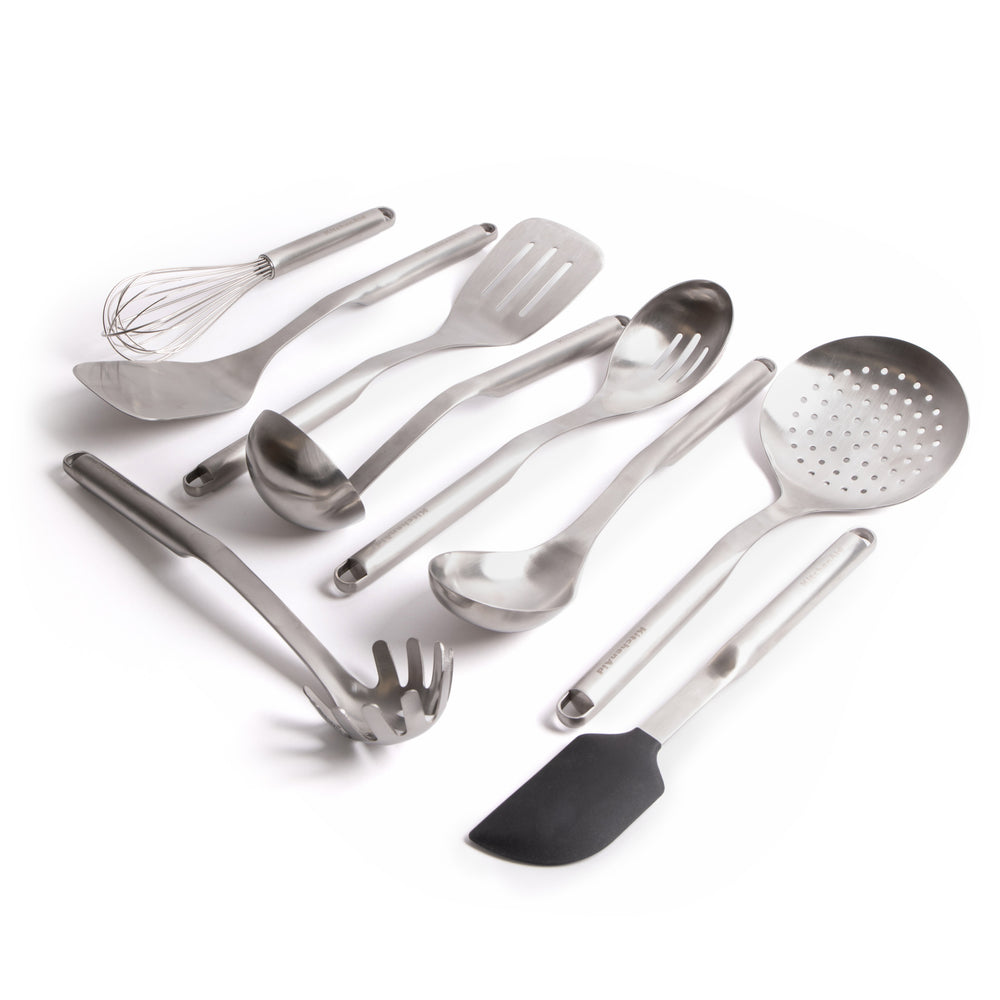 9pc Stainless Steel Utensil Set with Slotted Spoon, Turner, Cooking Spoon, Ladle, Pasta Server, Strainer, Fish Slice, Whisk & Spatula image 1