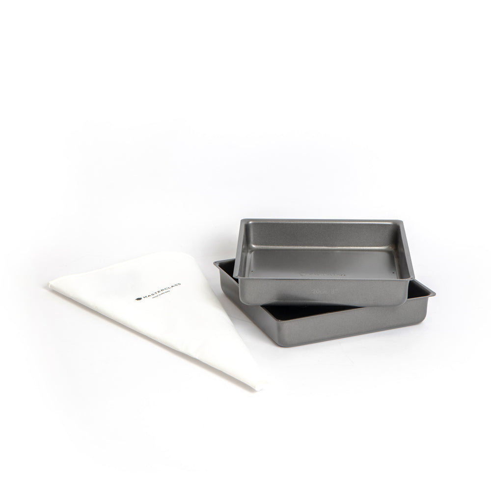 3pc Baking Bundle, Includes 2x Non-Stick Loose Base Round 20cm Square Sandwich Pans and 40cm Icing & Piping Bag image 1