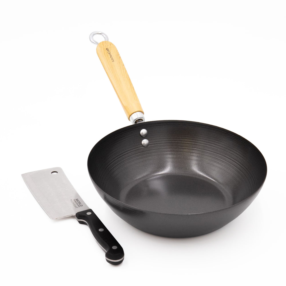 2pc Oriental Cooking Set with Carbon Steel 25cm Non-Stick Wok and Stainless Steel Cleaver image 1