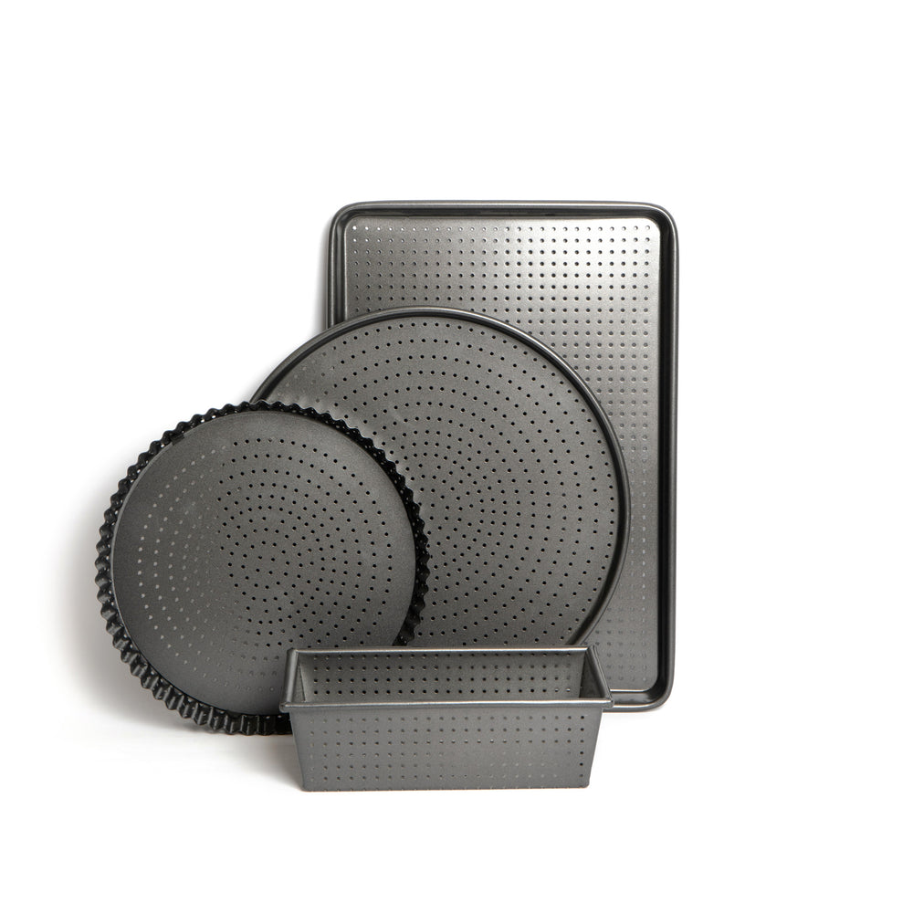 4pc Crusty Bake Non-Stick Bakeware Set with Quiche Tin, Pizza Crisper, 2lb Loaf Pan and Baking Tray image 1